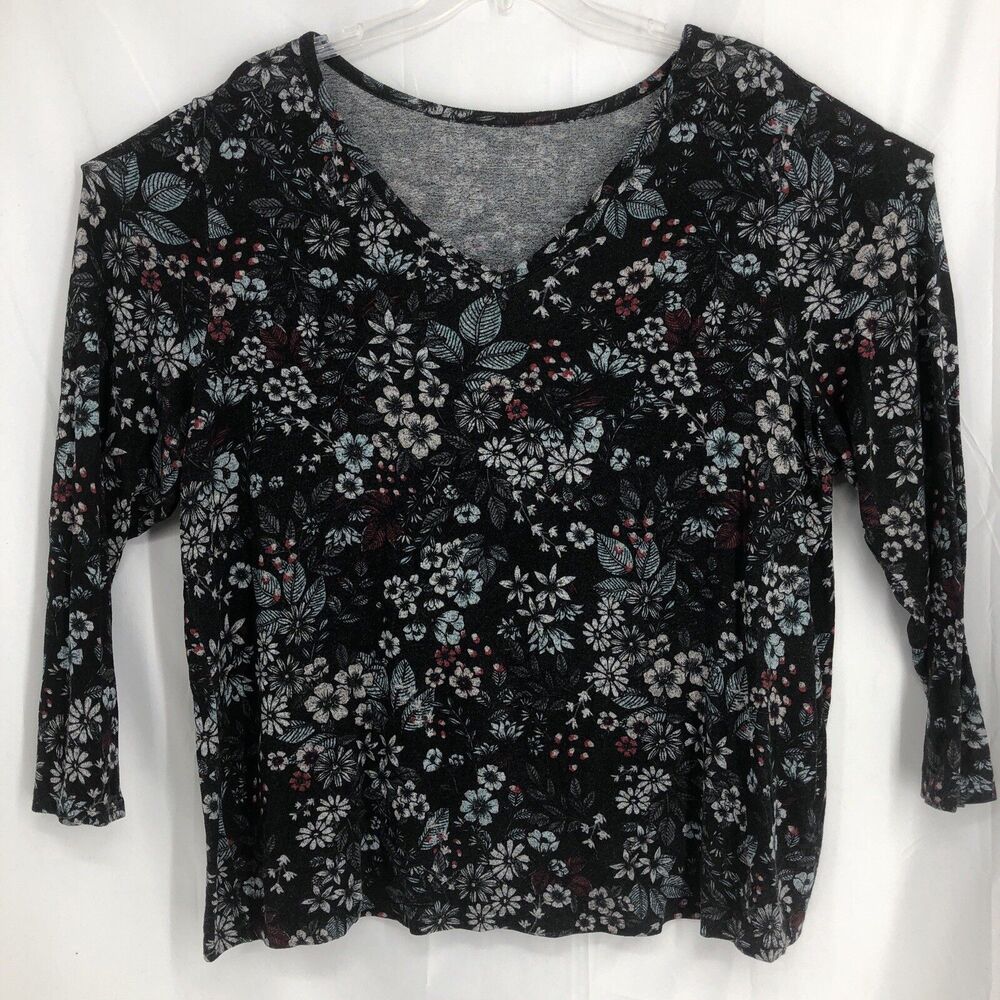 Lane Bryant Long Sleeve Tunic V-Neck T-Shirt Black Floral Women's Size 26/28